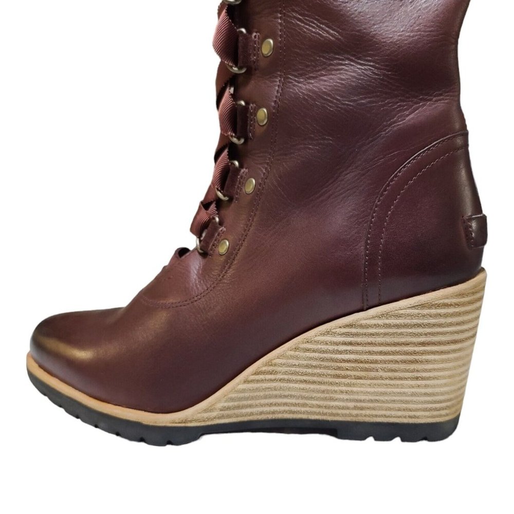 Elegant Burgundy/Brown Lace-Up Wedge Boots - Picture 6 of 12